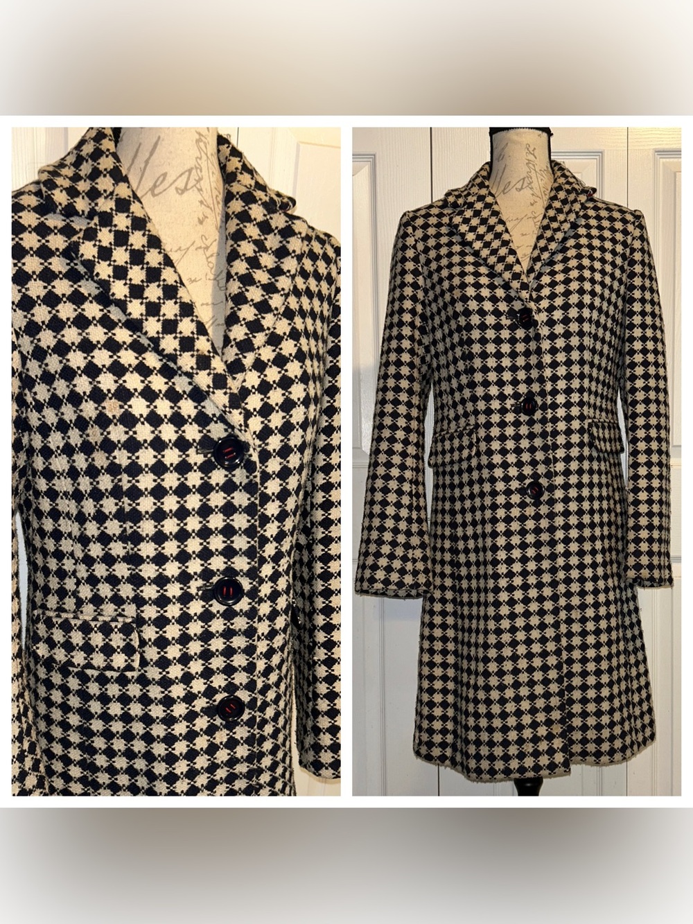 Tommy Hilfiger Houndstooth Wool Blend Fall Winter Jacket Navy White sz 2